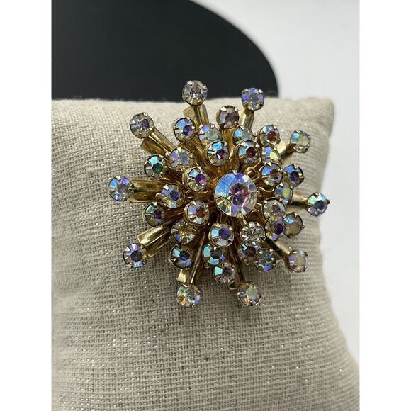 Vintage Aurora Borealis AB Rhinestone Starburst Sunburst Brooch Pin - Picture 9 of 16